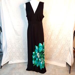 Bisou Bisou black sleeveless V neck long dress with large flower on skirt 20W